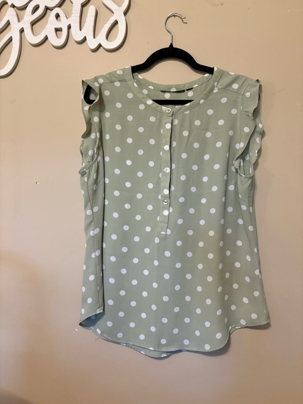 New York & Company Sage Green Polka Dot Ruffle Sleeve Blouse